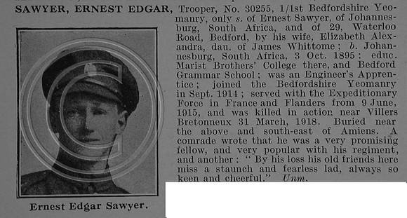 Sawyer E E Tpr 30255 Bedfordshire Yeomanry Obit De Ruvignys Roll Of Honour Vol 4