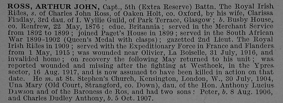 Ross A J Captain 5th Attd 1st Royal Irish Rifles Obit De Ruvignys Roll Of Honour Vol 4