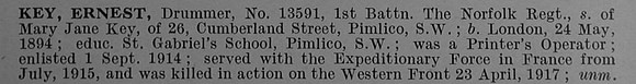 Key E Drummer 13591 1st Norfolk Regiment Short Obit De Ruvignys Roll Of Honour Vol 4