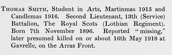 Smith T 2nd Lt 13th Royal Scots Obit St Andrews University Roll Of Honour