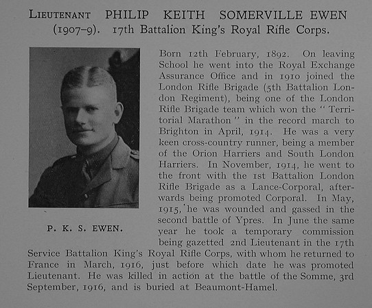 Ewen P K S Lt 17th King's Royal Rifle Corps Obit Dulwich College Roll Of Honour