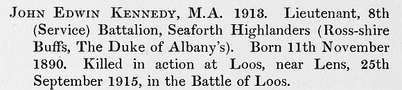 Kennedy J E Lt 8th Seaforth Highlanders Obit St Andrews University Roll Of Honour