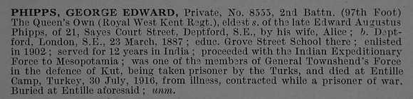 Phipps G E Pte 8555 2nd Queens Own Royal West Kent Regiment Obit De Ruvignys Roll Of Honour Vol 4
