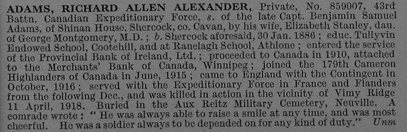 Adams R A R Pte 859007 43rd Canadian Infantry Obit De Ruvignys Roll Of Honour Vol 4