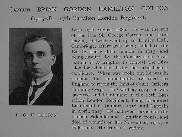 Cotton B G H Captain 17th London Regiment Obit Dulwich College Roll Of Honour