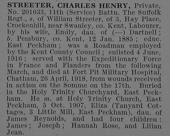 Streeter C H Pte 201633 11th Suffolk Regiment Obit De Ruvignys Roll Of Honour Vol 4