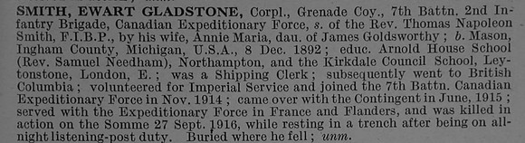 Smith E G Cpl 429642 7th Canadian Infantry (British Columbia Regiment) Obit De Ruvignys Roll Of Honour Vol 4