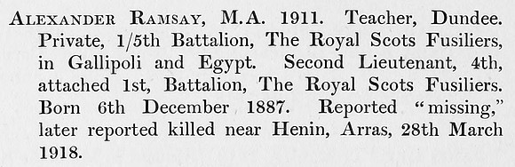 Ramsay A 2nd Lt 1st Royal Scots Fusiliers Obit St Andrews University Roll Of Honour