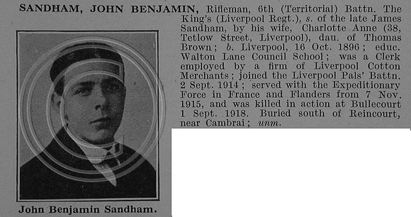 Sandham J B Rfn 16940 6th The King's (Liverpool Regiment) Obit De Ruvignys Roll Of Honour Vol 4
