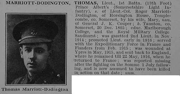 Marriott-Dodington T Lt 1st Somerset Light Infantry Obit De Ruvignys Roll Of Honour Vol 4