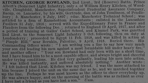 Kitchen G R 2nd Lt 3rd attd 4th Somerset Light Infantry Obit De Ruvignys Roll Of Honour Vol 4