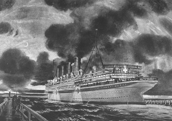 A British Hospital Ship Leaving A French Port At Night Time