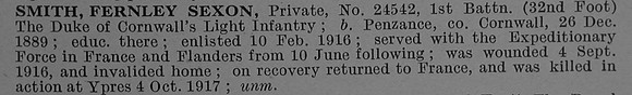 Smith F S Pte 24542 1st Duke Of Cornwalls Light Infantry Short Obit De Ruvignys Roll Of Honour Vol 4