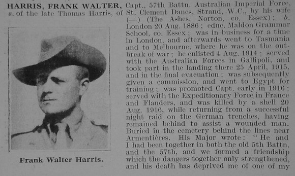 Harris F W Captain 57th AIF Obit Part 1 De Ruvignys Roll Of Honour Vol 3