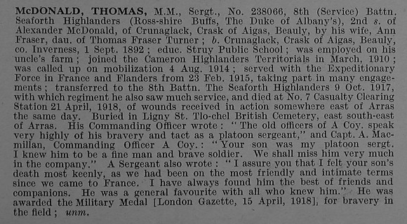 McDonald T Sergt MM 238066 8th Seaforth Highlanders Obit De Ruvignys Roll Of Honour Vol 4