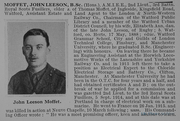 Moffet J L 2nd Lt 3rd Royal Scots Fusiliers Obit Part 1 De Ruvignys Roll Of Honour Vol 1