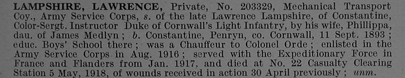 Lampshire L Pte 203329 Army Service Corps Obit De Ruvignys Roll Of Honour Vol 4