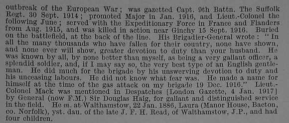Mack A P Lt Col 9th Suffolk Regiment Obit Part 2 De Ruvignys Roll Of Honour Vol 4