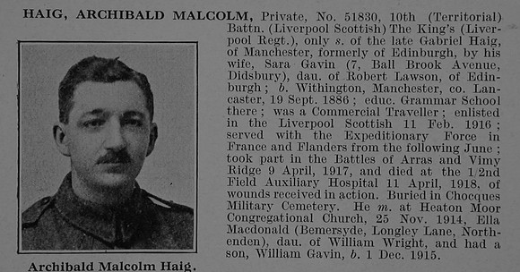Haig A M Pte 51830 10th King's Liverpool Regiment Obit De Ruvignys Roll Of Honour Vol 5
