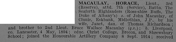 Macaulay H Lt 3rd Attd 7th Seaforth Highlanders Obit Part 1 De Ruvignys Roll Of Honour Vol 4