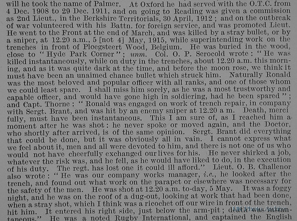 Palmer R W P Lt 4th Berkshire Regiment Obit Part 2 De Ruvignys Roll Of Honour Vol 1