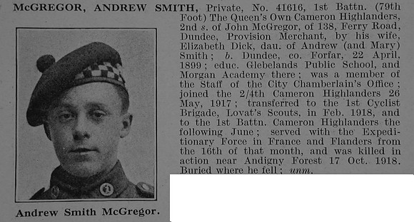 McGregor A S Pte 41616 1st Cameron Highlanders Obit De Ruvignys Roll Of Honour Vol 5