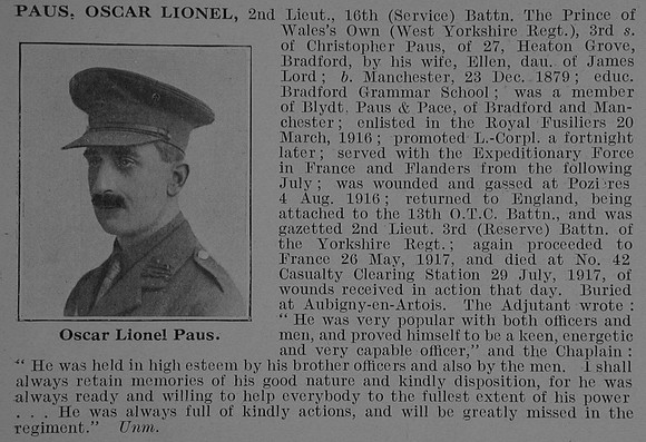 Paus O L 2nd Lt 16th West Yorkshire Regiment Obit De Ruvignys Roll Of Honour Vol 3