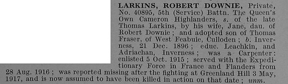 Larkins R D Pte 40895 5th Cameron Highlanders Obit De Ruvignys Roll Of Honour Vol 4