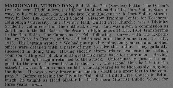 MacDonald M D 2nd Lt 7th Cameron Highlanders Obit De Ruvignys Roll Of Honour Vol 4