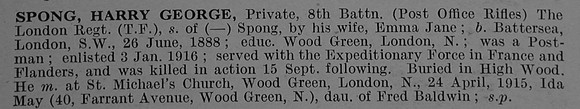 Spong H G Pte 8th London Regiment Obit De Ruvignys Roll Of Honour Vol 4