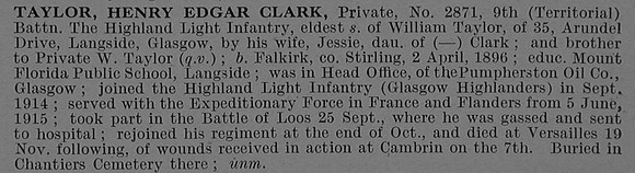 Taylor H E C Pte 2871 9th Highland Light Infantry Obit De Ruvignys Roll Of Honour Vol 4