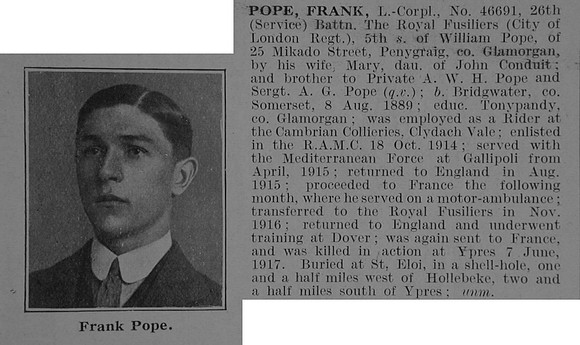 Pope F L/Cpl 26th Royal Fusiliers Obit De Ruvignys Roll Of Honour Vol 3