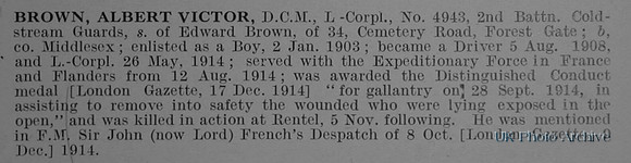 Brown A V L/Cpl 4943 DCM 2nd Coldstream Guards Obituary De Ruvignys Roll Of Honour Vol 1