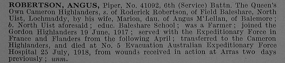 Robertson A Piper 41092 6th Cameron Highlanders Obit De Ruvignys Roll Of Honour Vol 4