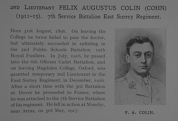 Colin F A 2nd Lt 7th East Surrey Regiment Obit Dulwich College Roll Of Honour