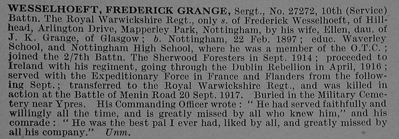 Wesselhoeft F G Sergt 27272 10th Royal Warwickshire Regiment Obit De Ruvignys Roll Of Honour Vol 4