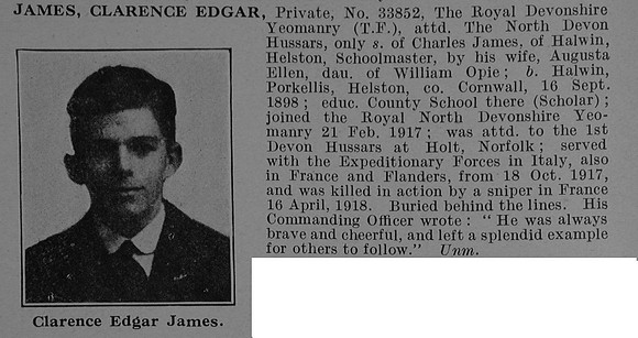James C E Pte 33852 Royal Devonshire Yeomanry Attd 1st Devonshire Regiment Obit De Ruvignys Roll Of Honour Vol 4