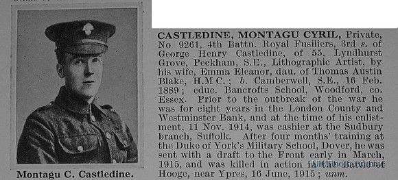 Castledine M C Pte 9261 4th London Regiment (Royal Fusiliers) Obituary De Ruvignys Roll Of Honour Vol 1