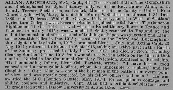 Allan A Captain MC 4th Oxford & Bucks Light Infantry Obit De Ruvignys Roll Of Honour Vol 4