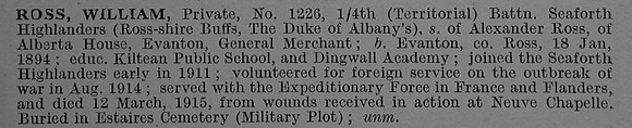 Ross W Pte 1226 4th Seaforth Highlanders Obit De Ruvignys Roll Of Honour Vol 4