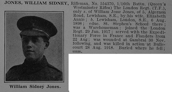 Jones W S Rfn 554370 16th London Regiment Obit De Ruvignys Roll Of Honour Vol 4