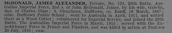 McDonald J A Pte 133 28th Australian Infantry Obit De Ruvignys Roll Of Honour Vol 4