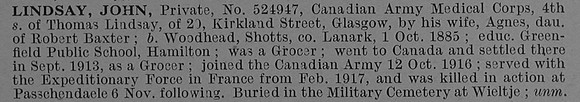 Lindsay J Pte 524947 Canadian Army Medical Corps Obit De Ruvignys Roll Of Honour Vol 4