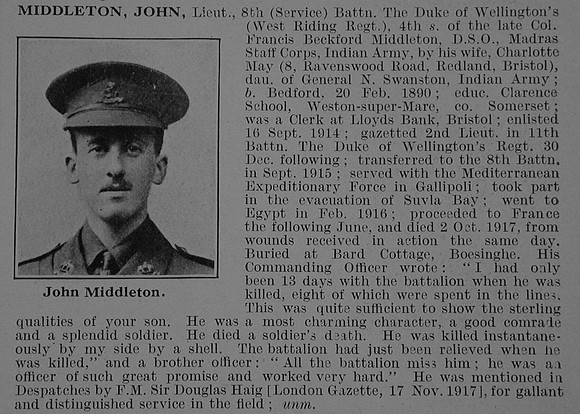 Middleton J Lt 8th West Riding Regiment Obit De Ruvignys Roll Of Honour Vol 3