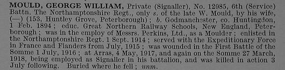 Mould G W Pte 12985 6th Northamptonshire Regiment Obit De Ruvignys Roll Of Honour Vol 4