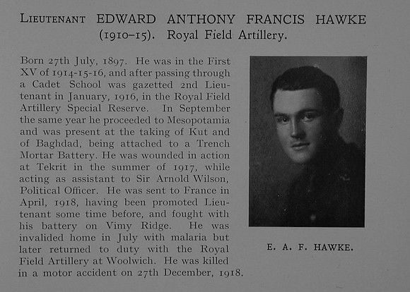 Hawke E A F Lt Royal Field Artillery Obit Dulwich College Roll Of Honour