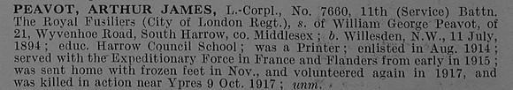 Peavot A J L/Cpl 7660 11th Royal Fusiliers Obit De Ruvignys Roll Of Honour Vol 4