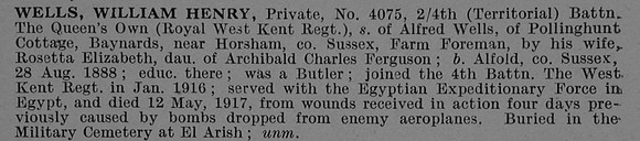 Wells W H Pte 4075 4th Queen's Own Royal West Kent Regiment Obit De Ruvignys Roll Of Honour Vol 4