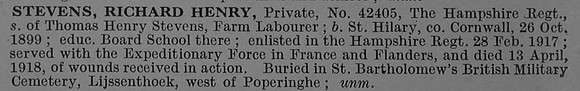 Stevens R H Pte 42405 2nd Hampshire Regiment Short Obit De Ruvignys Roll Of Honour Vol 4