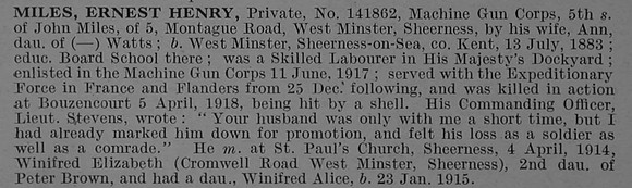 Miles E H Pte 141862 Machine Gun Corps Obit De Ruvignys Roll Of Honour Vol 4